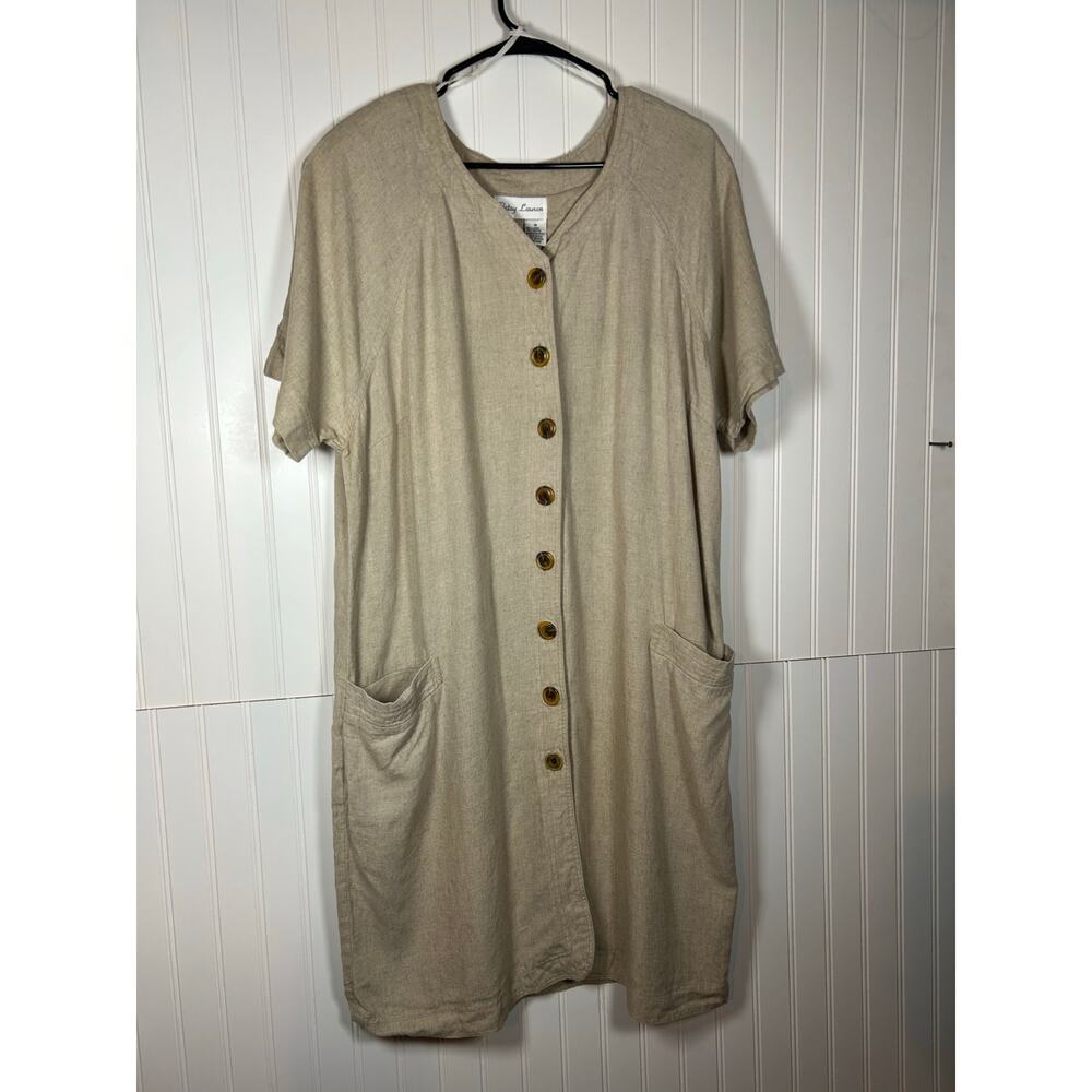 Betsy Lauren VTG Linen Rayon Tan button up Knee Length Dress Women Size 18